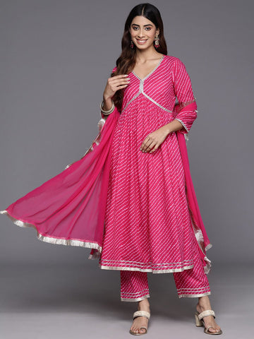 Varanga Women Fuchsia Leheriya Print V-Neck With Lace Detail A Line Kurta  With Bottom And Dupatta.